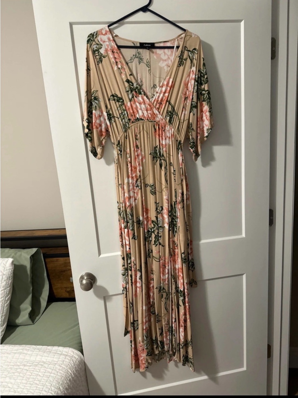 Aakaa Beige Maxi Dress with Pink Floral Print
